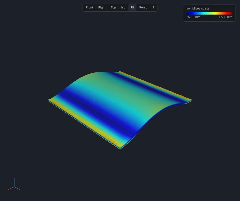 Von Mises stress on a deformed plate from a nonlinear FEA solve run in the browser